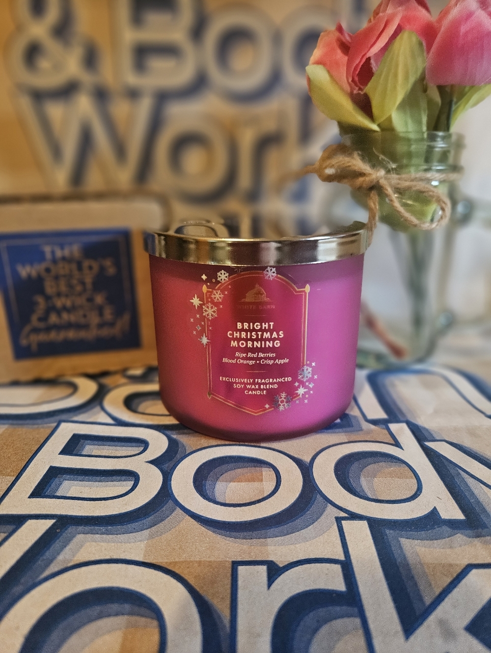 NWT Bath & Body Works Bright Christmas Morning 3-wick Candle - Pink and Gold - Picture 6 of 6
